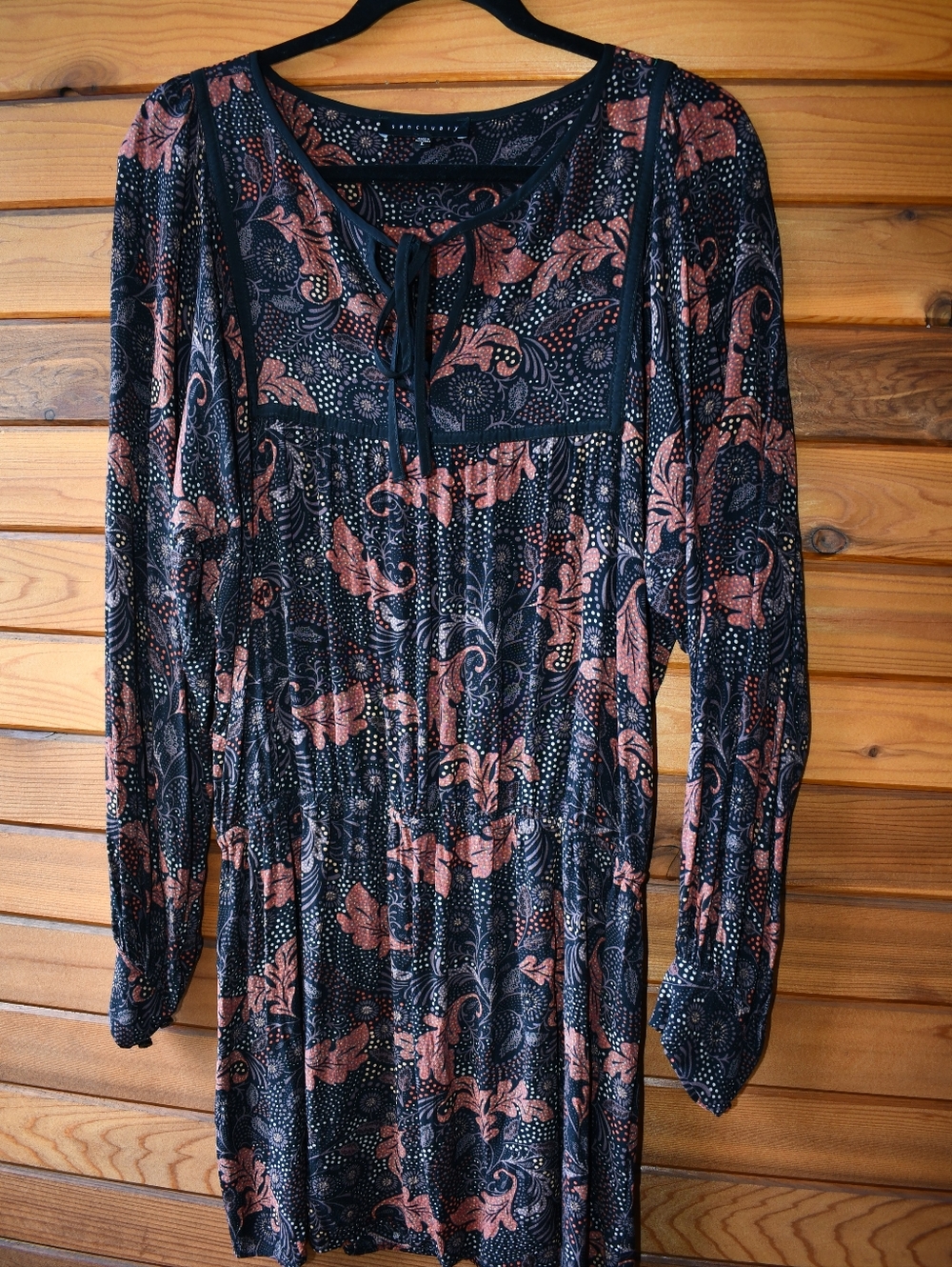 Sanctuary Black Floral Long-Sleeve Tunic Peasant Dress Black with Rust Accents